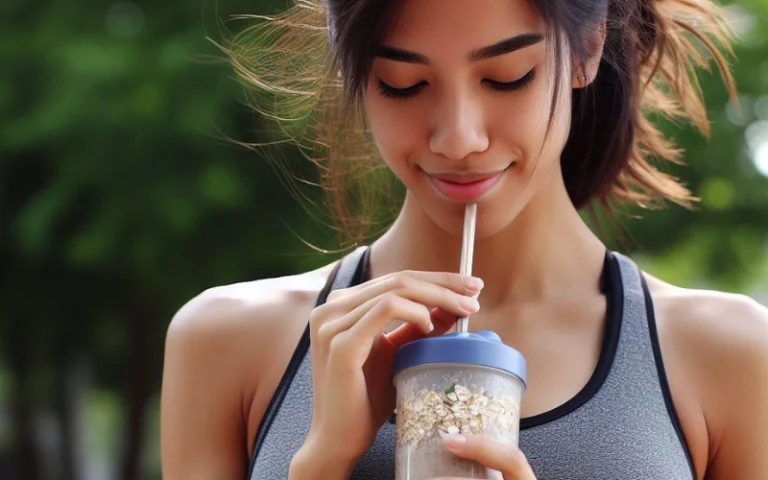 Deportista tomando batidos energéticos con avena